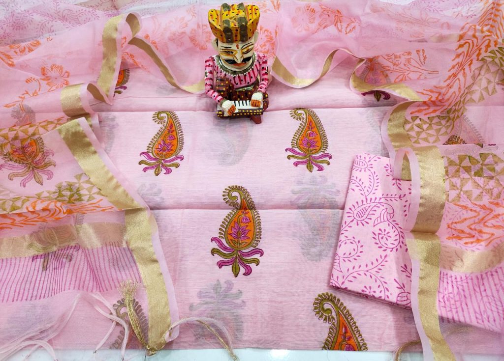 Pink mugal print organza Chanderi dupatta suit set