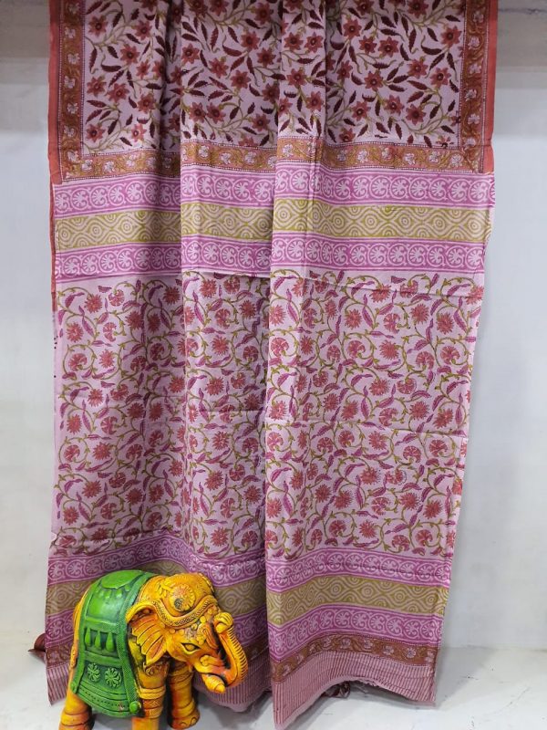 Pink floral print Cotton mulmul saree with blouse
