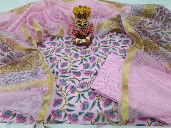 Pink floral print Cotton suit kota dupatta set
