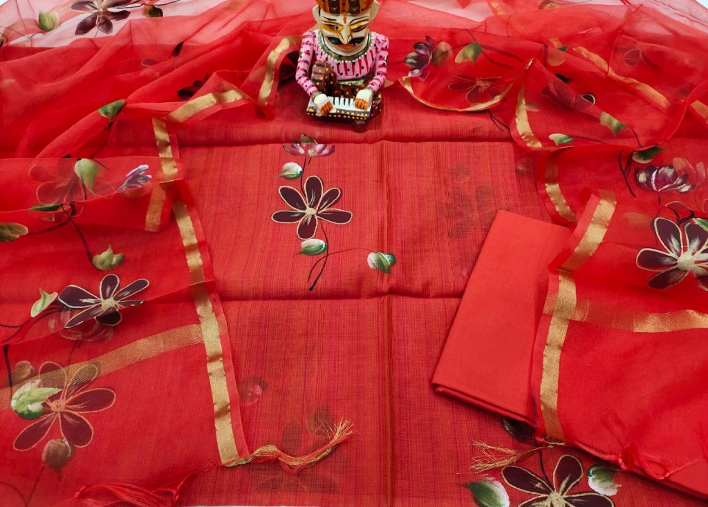 Red floral mugal print hand brush painted chanderi silk suit with organza dupatta