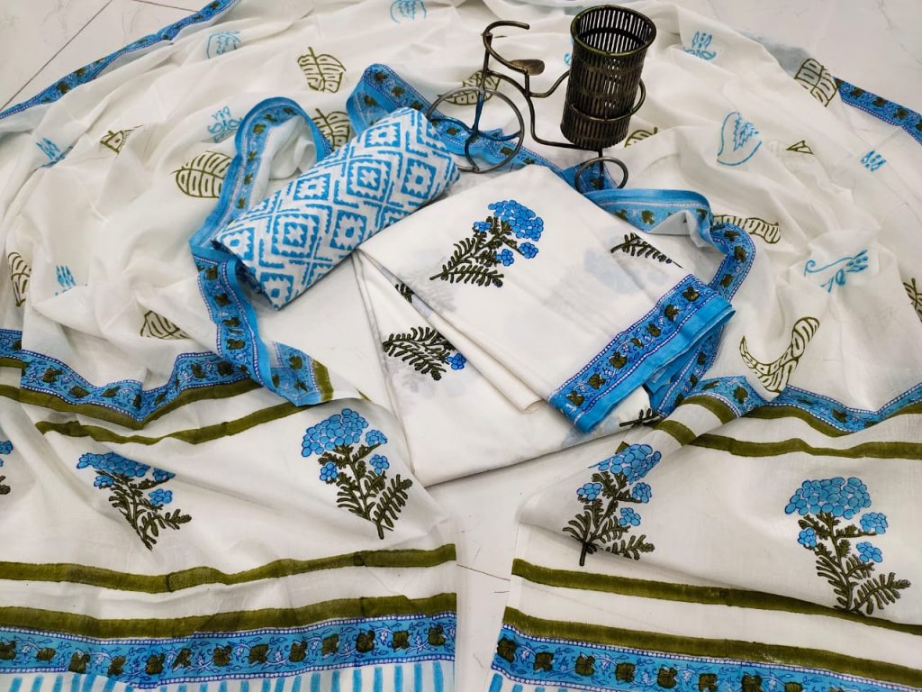 Superior quality floral print Azure blue and white cotton suit set