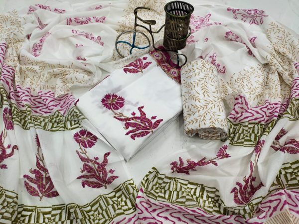 beautiful Floral print White cotton dupatta suit set for women