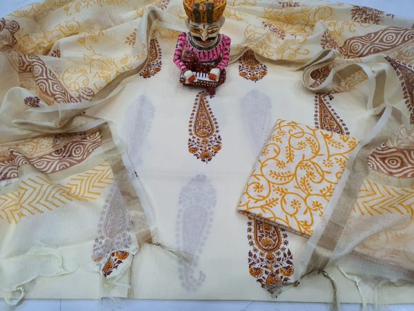 White mugal print Cotton suit with kota silk dupatta set