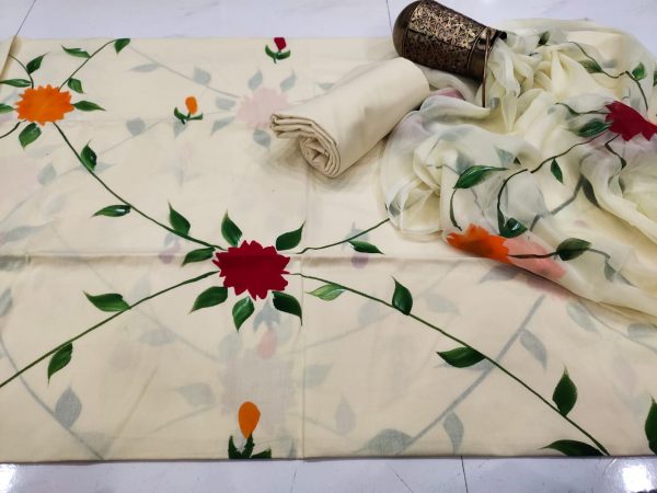 Cream pure chiffon dupatta hand painted chiffon dupatta suit with salwar kameez set