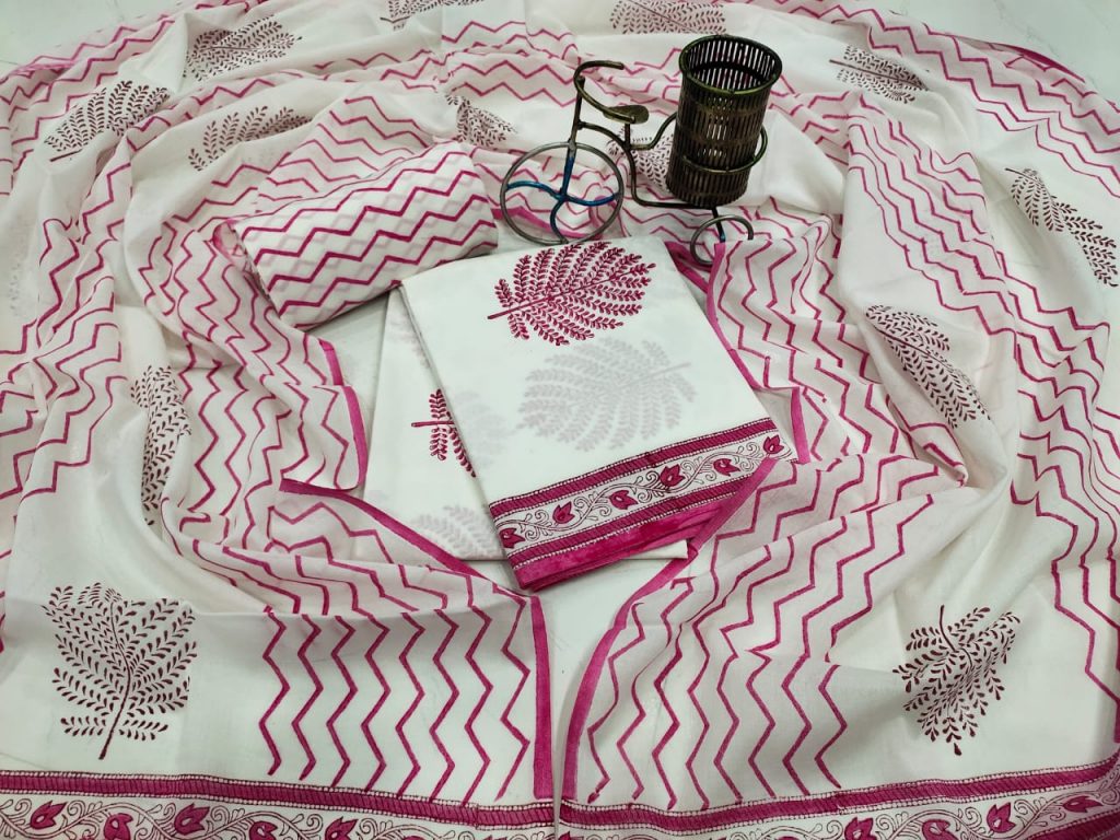 White and pink Cotton dupatta suit set with salwar kameez set