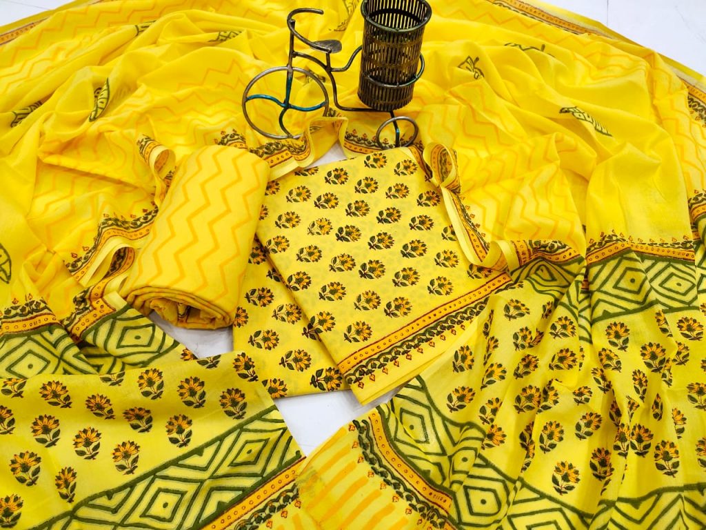 Floral print yellow cotton dupatta suit set