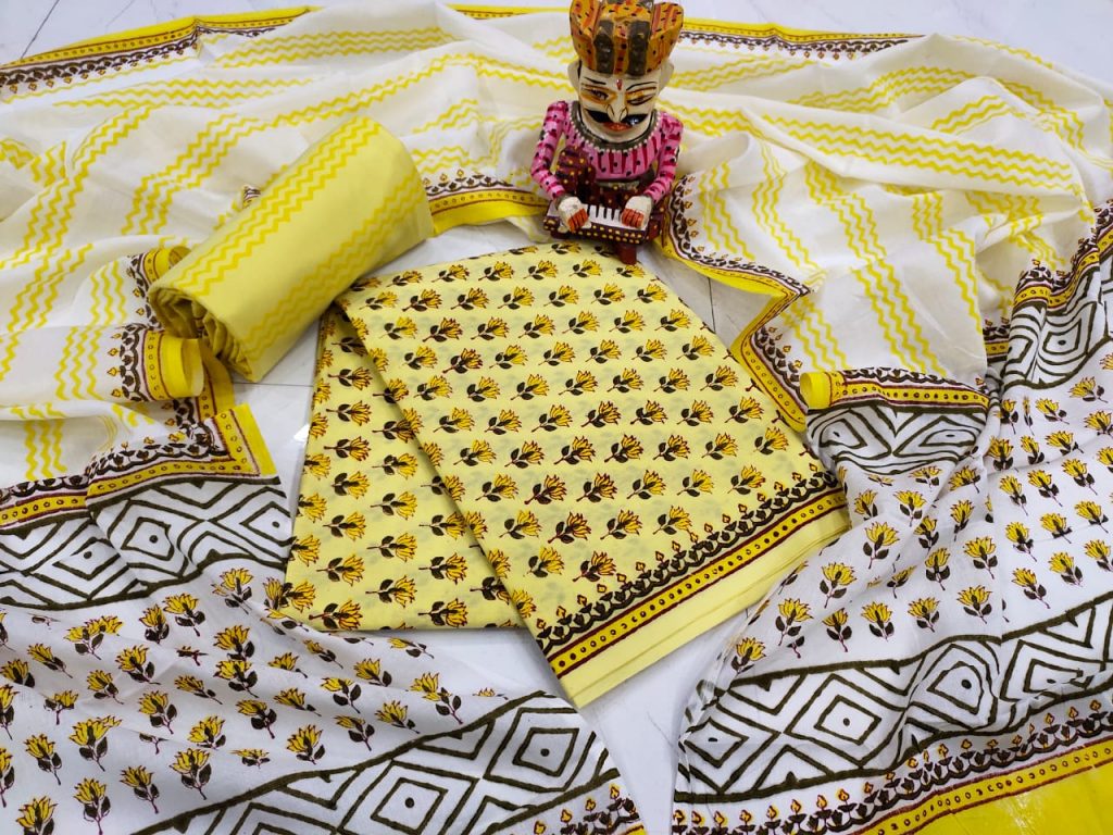 Yellow and White floral print pure cotton dupatta suit set