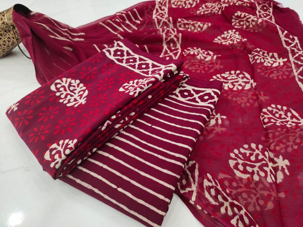 Rouge bagru print pure chiffon cotton suit set