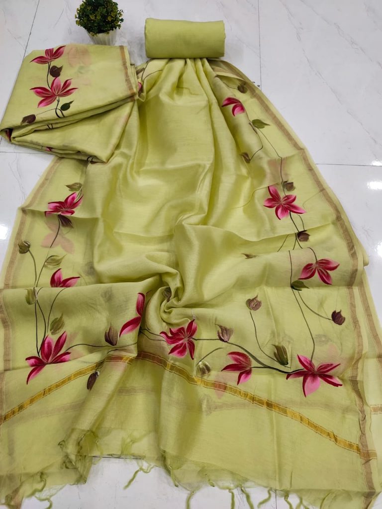 Lime Pure hand painting chanderi suit set with salwar kameez set