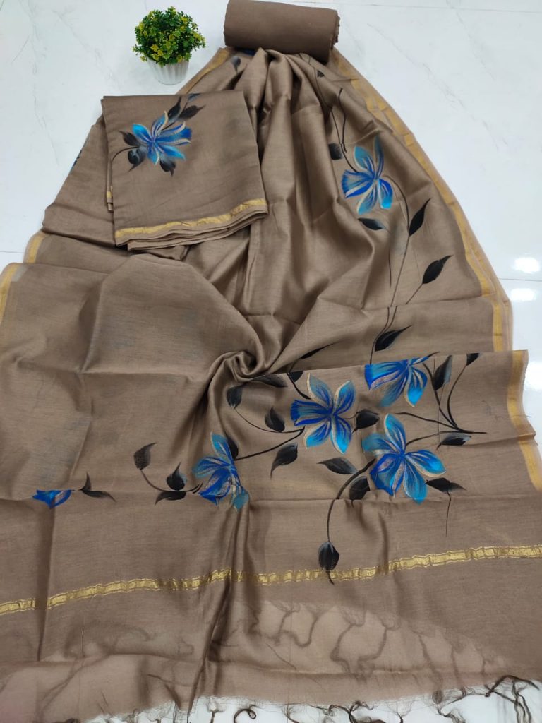 Floral bagru print tan pure Hand Painted chanderi suit set