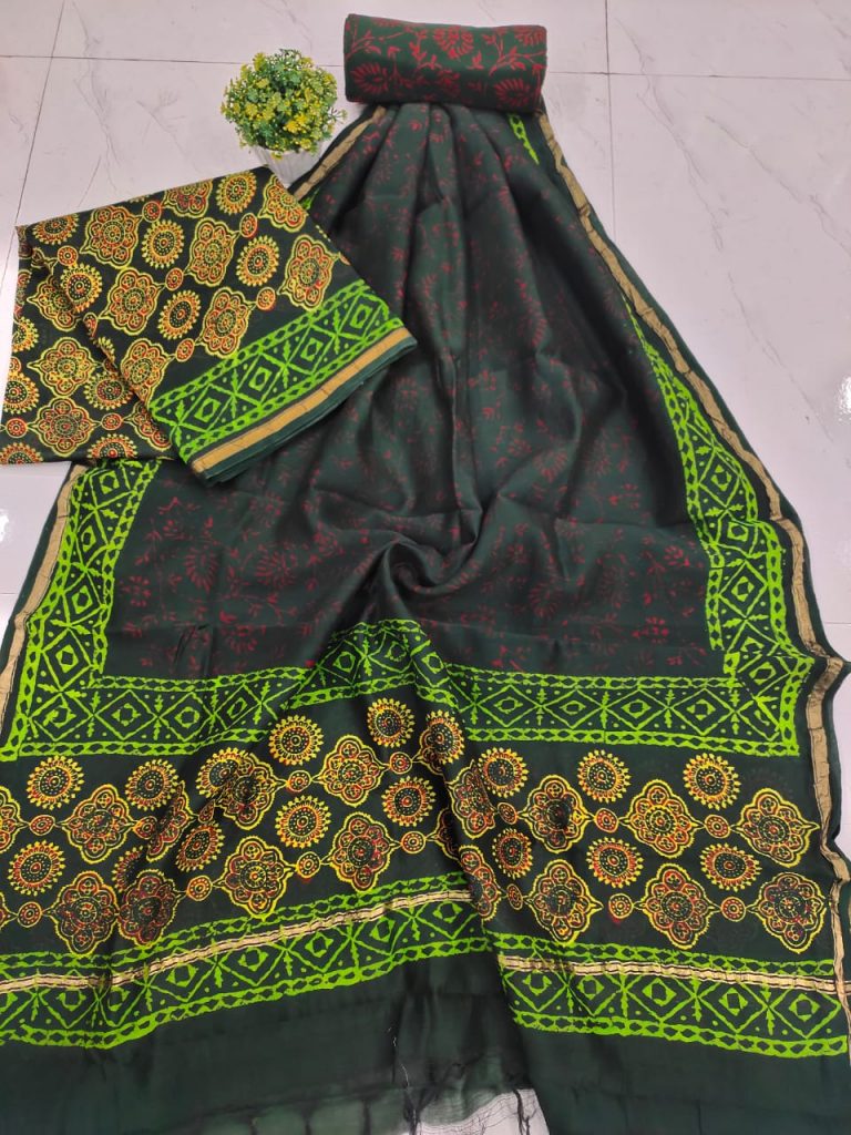 bagru print green pigment print pure chanderi suit set