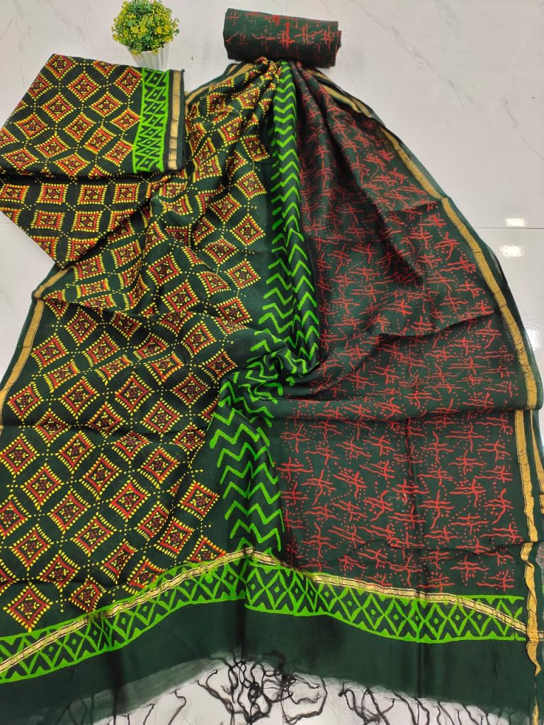 Traditional green bagru print pure chanderi suit set