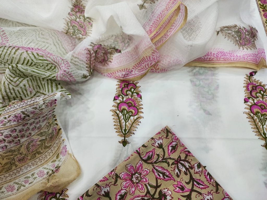 White mugal print cotton suit with kota doria dupatta set