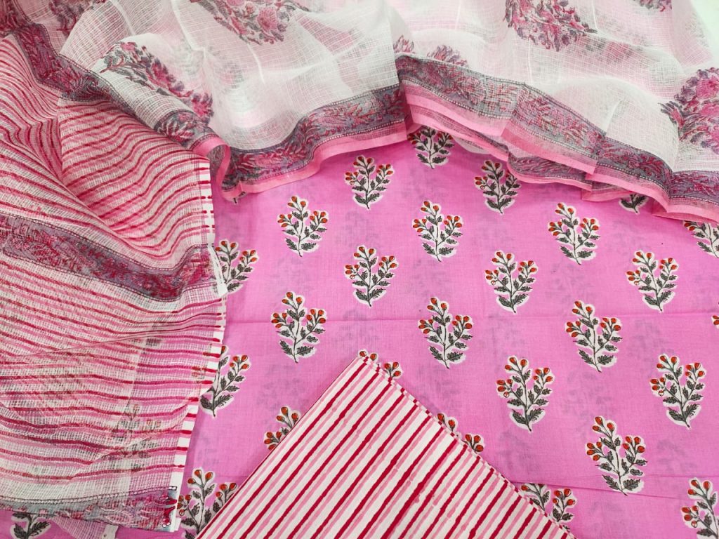 Pink floral print cotton suit with kota doria dupatta set