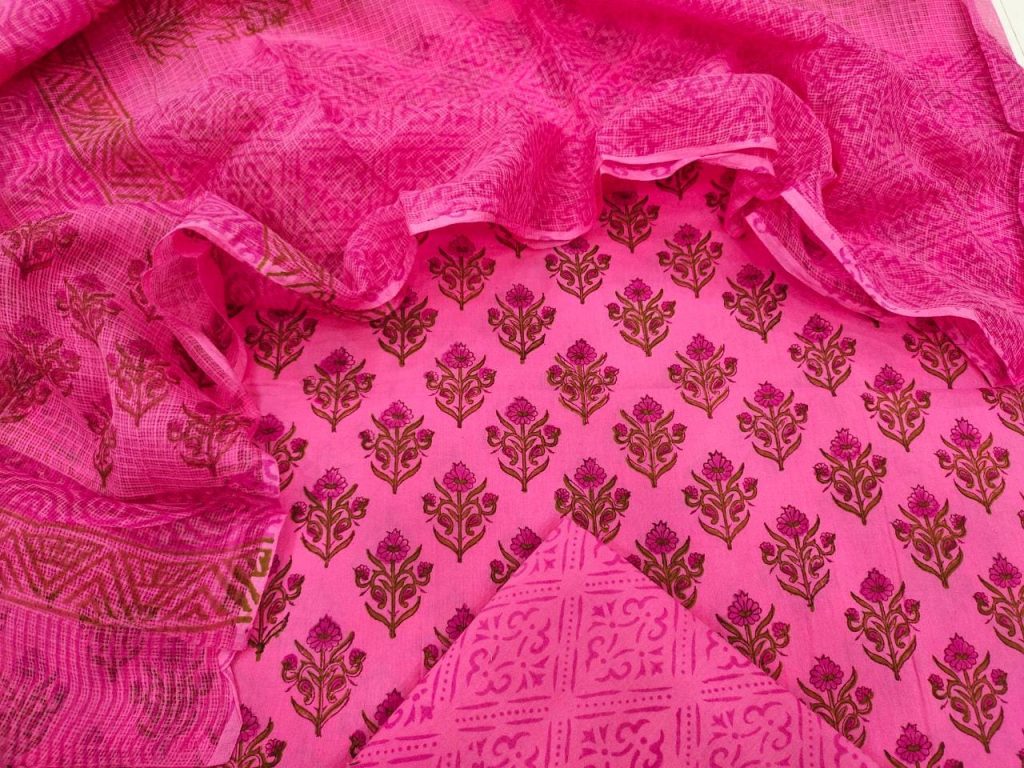 Pink pigment print cotton suit with kota doria dupatta set