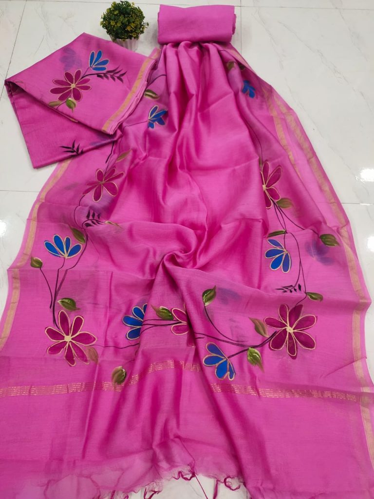 beautiful Pink floral print hand brush painted pure chanderi suit set