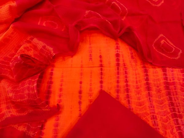Crimson red and orange cotton suit with kota doria dupatta set