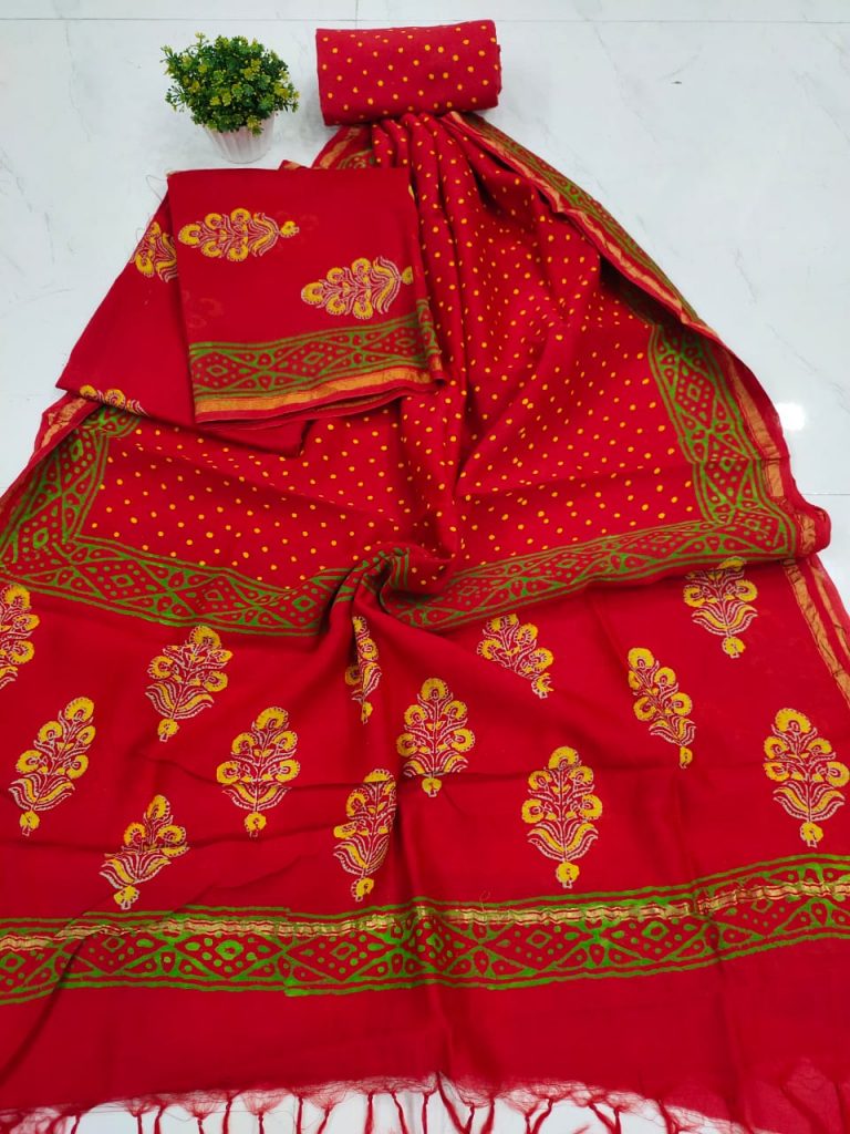 Red floral mugal print Chanderi suit set with salwaar