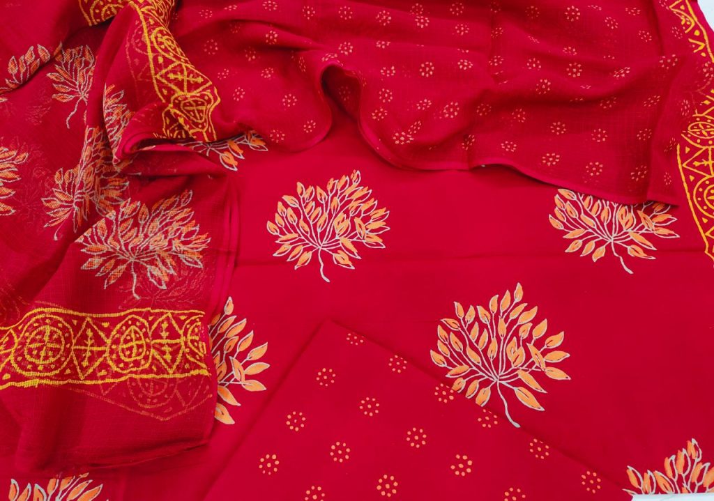 Crimson red cotton suit with kota doria dupatta set