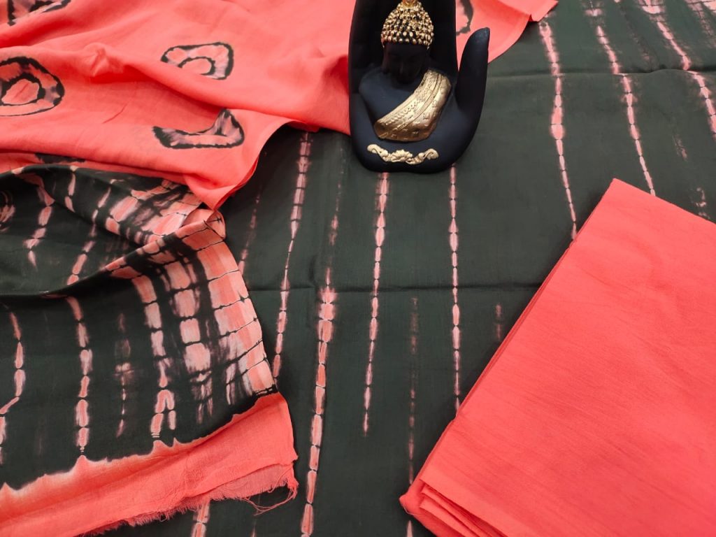 Orange red and black shibori print cotton suit set