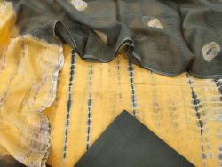 Yellow and brown shibori print pure cotton suit with kota doria dupatta set