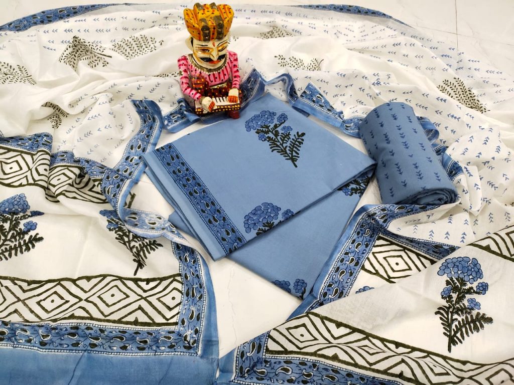 Baby blue and White floral mugal print pure cotton dupatta set