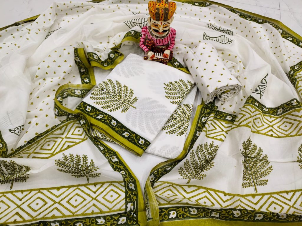 Superior quality green and white mulmul dupatta suit set