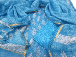 Traditional azure blue pigment print pure kota doria suit set
