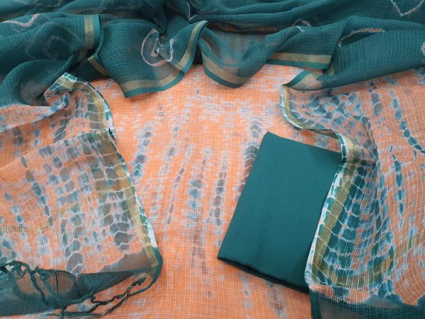 Exclusive Apricot and Viridian green pure kota doria suit set