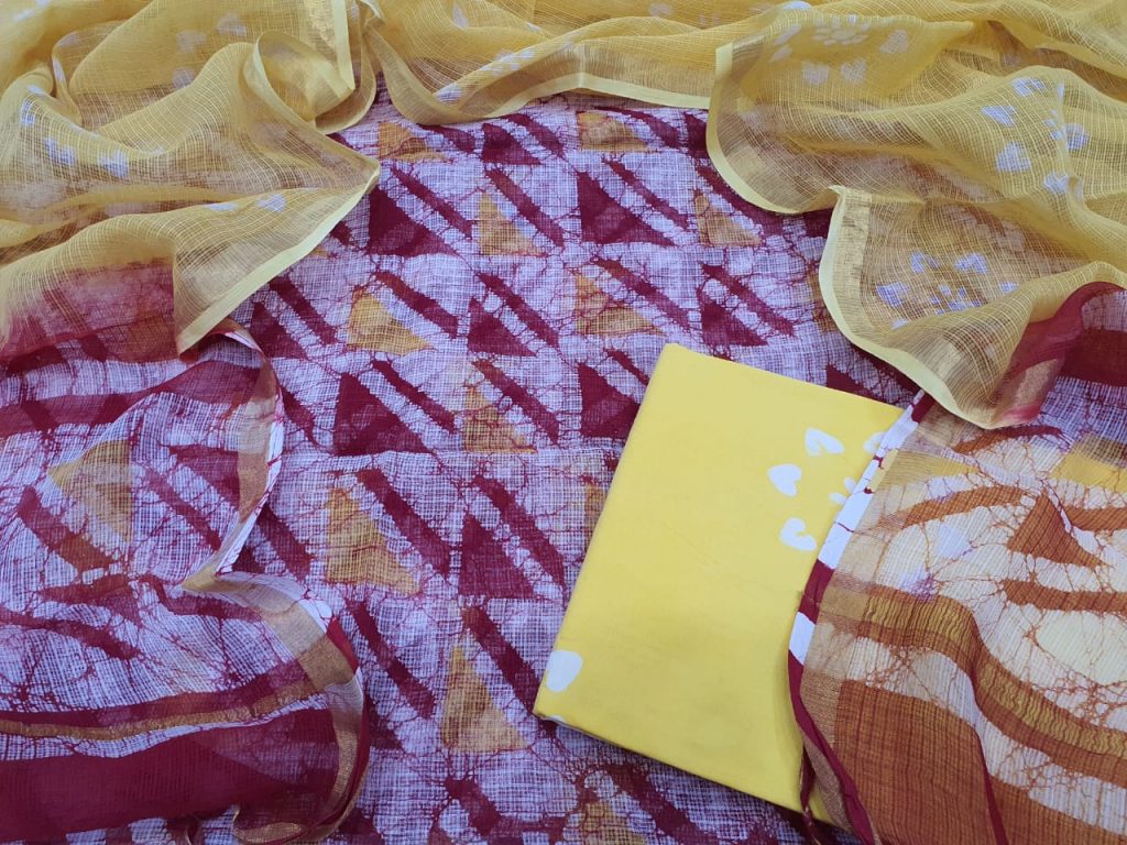 Superior quality yellow and crimson pure kota doria suit set cottom bottom