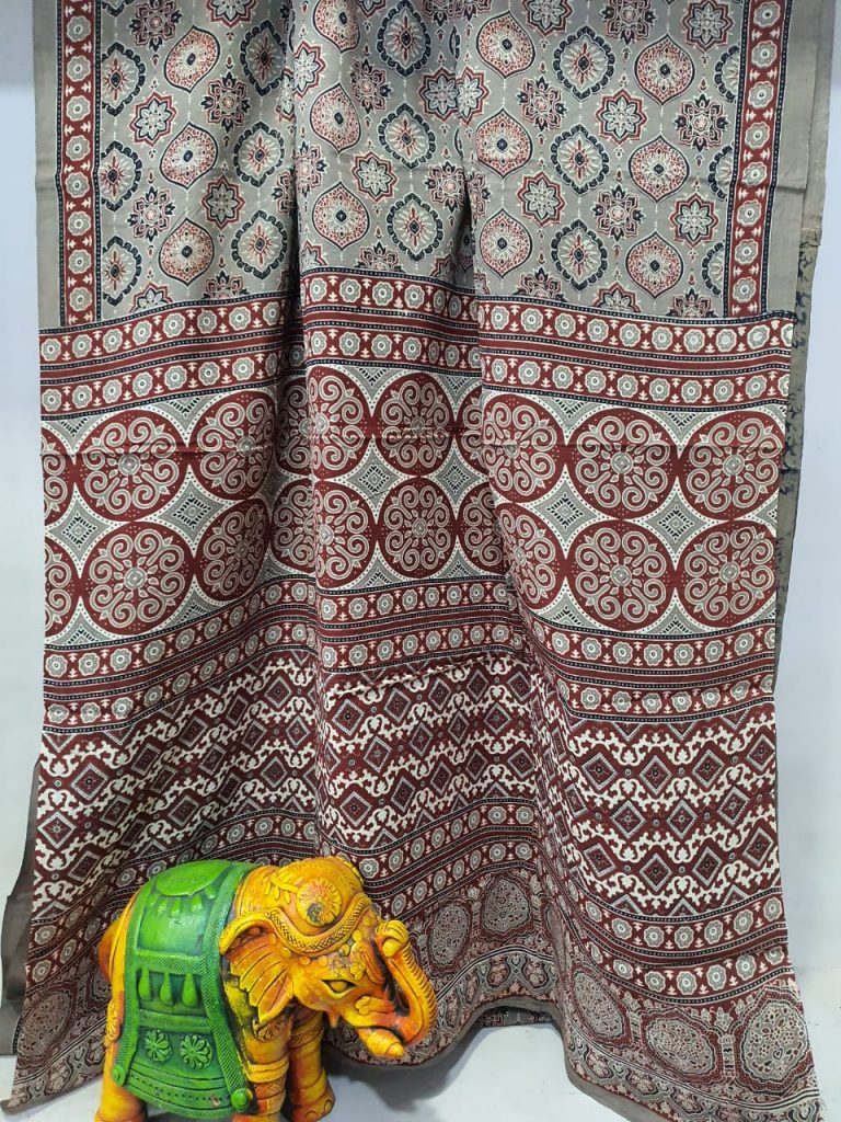 Carmine and tan bagru block print Pure cotton mulmul saree with blouse
