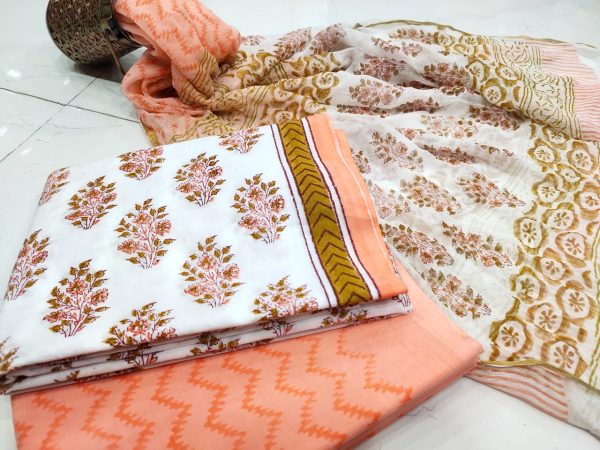 Superior quality  Apricot and White Zari border suit dress material