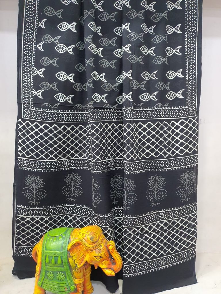 Exclusive Black pure cotton printed traditional saree with blouse