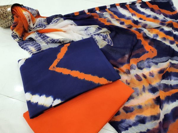 beautiful Orange and blue chiffon dupatta suit set