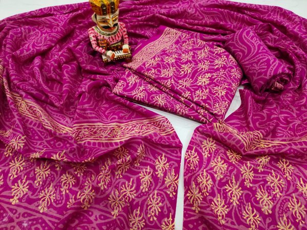 Jaipuri Magenta rose Cotton salwar kameez set with mulmul dupatta
