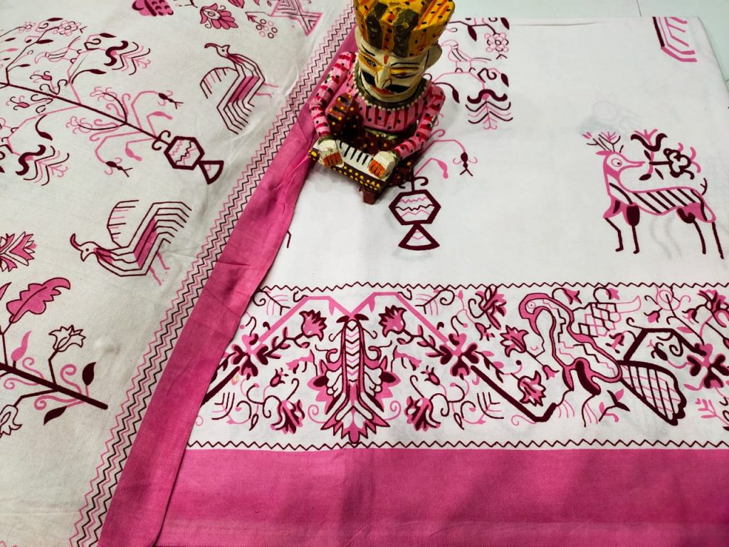 pink and White Cotton double bedsheet with two pillow cover