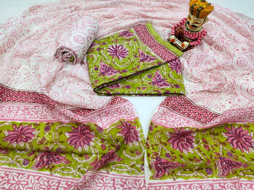 Exclusive Pink and Lime Cotton salwar kameez set with mulmul dupatta