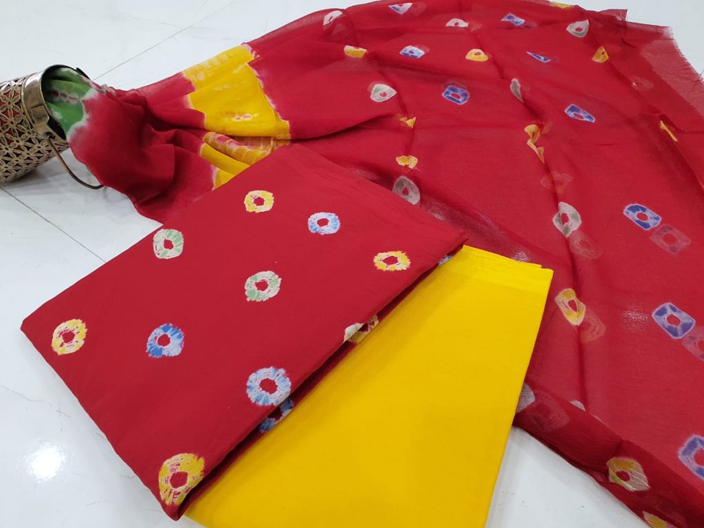 Superior quality Crimson and yellow pure chiffon dupatta suit set