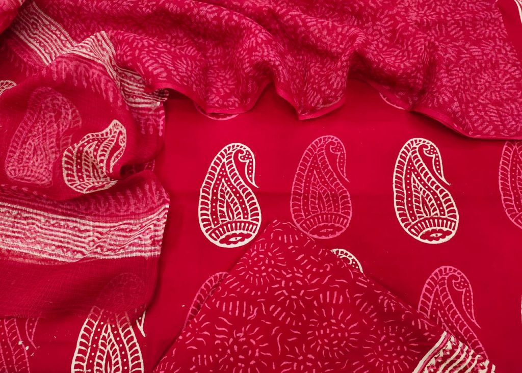 bagru print Crimson cotton suit with kota doria dupatta set