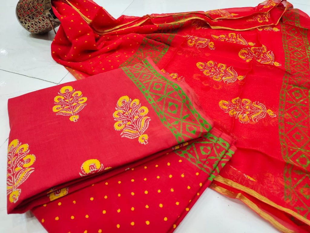 Exclusive Crimson mugal print Zari border suit dress material