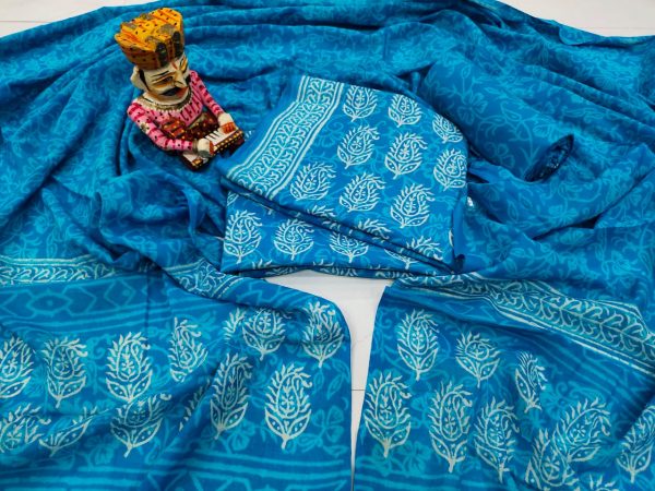 Natural Azure blue Cotton salwar kameez set with mulmul dupatta