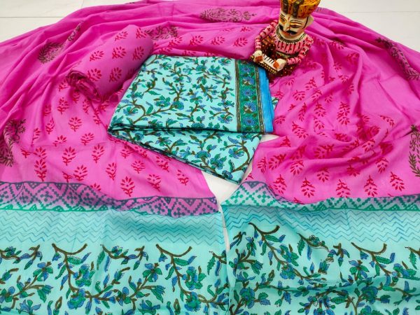 Pink and cyan floral print pure Cotton mulmul salwar kameez set