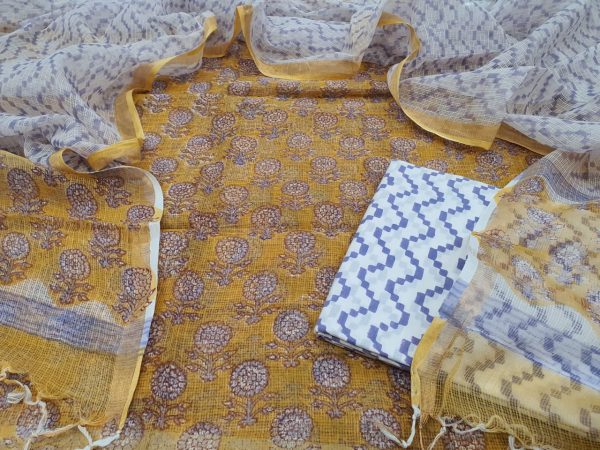 bagru print yellow and white pure kota doria suit set cottom bottom