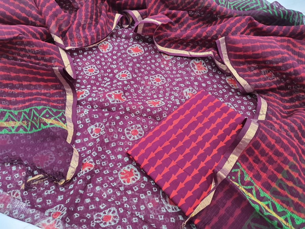 Traditional Red-violet Kota Doria Suit set cottom bottom