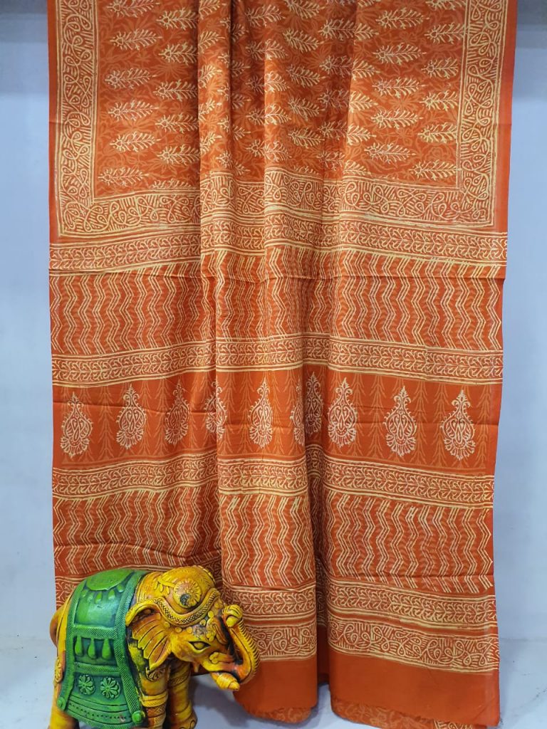 Orange bagru print Pure cotton mulmul saree with blouse