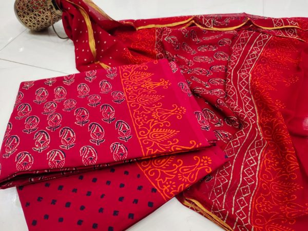 Crimson zari border cotton suit pure chiffon dupatta