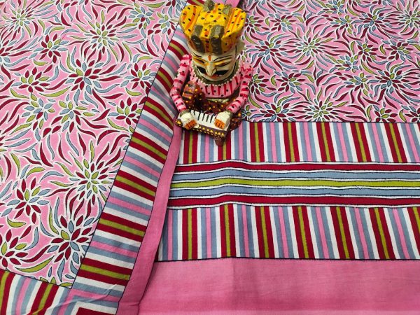 Pink bagru print cotton bed sheet with pillow cover
