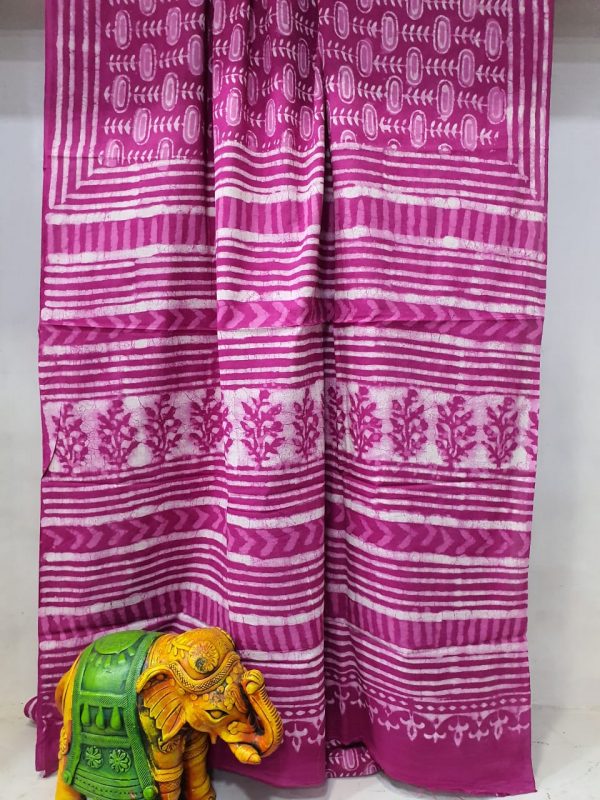 Magenta bagru print Pure cotton mulmul saree with blouse