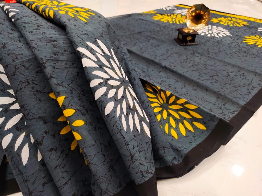 Jaipuri Blue-green and yellow batik print cotton malmal saree