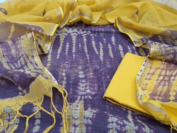 Beautiful Yellow shibori print Kota Doria Suit set cottom bottom